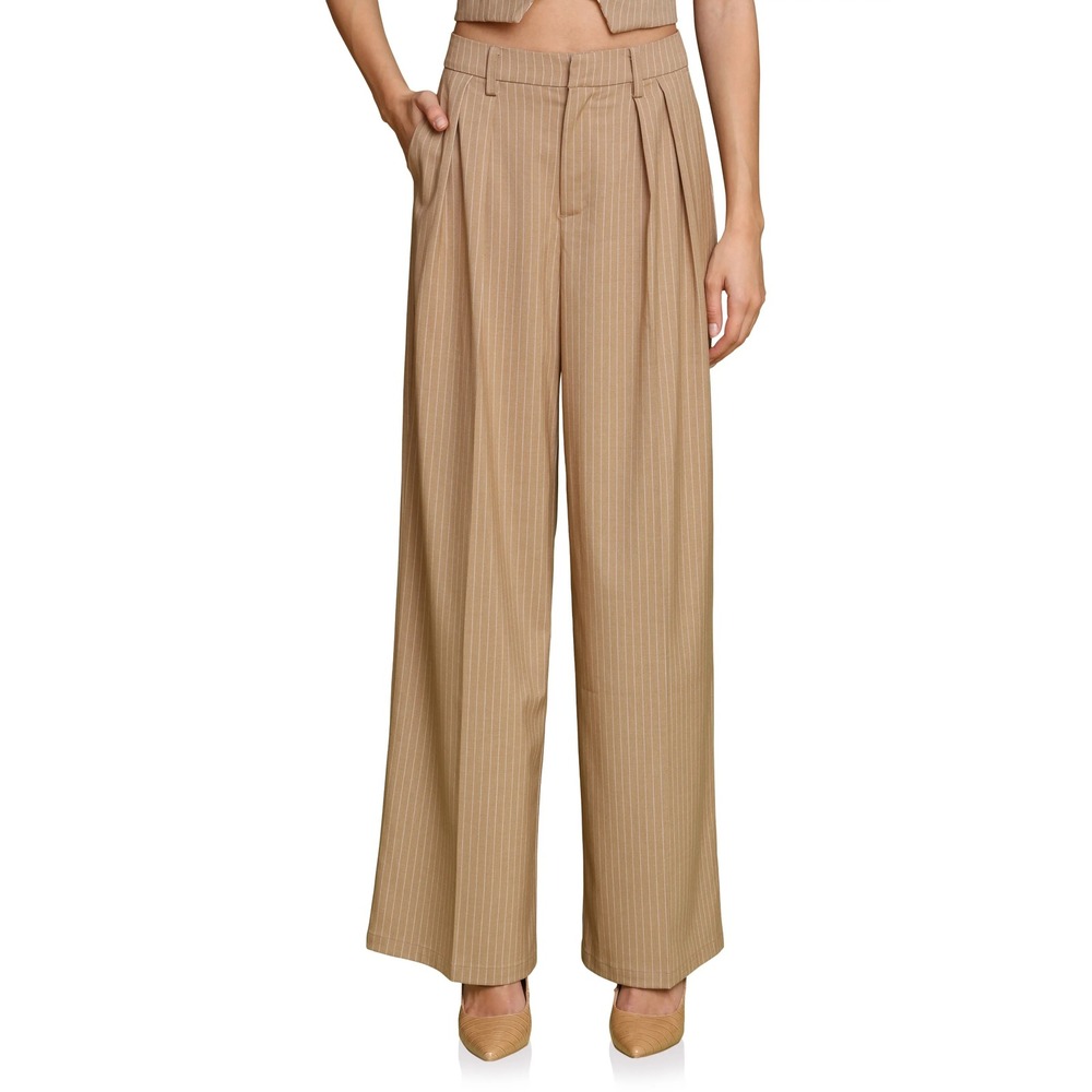 WAYF Tan Pinstripe Wide Leg Pleated High Rise Trousers Pants XS